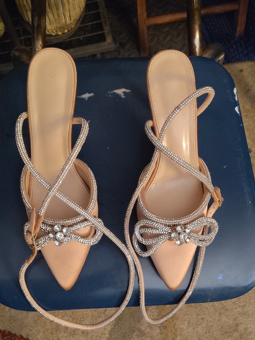 Nude Satin Pointed-Toe Rhinestone Bow Mules